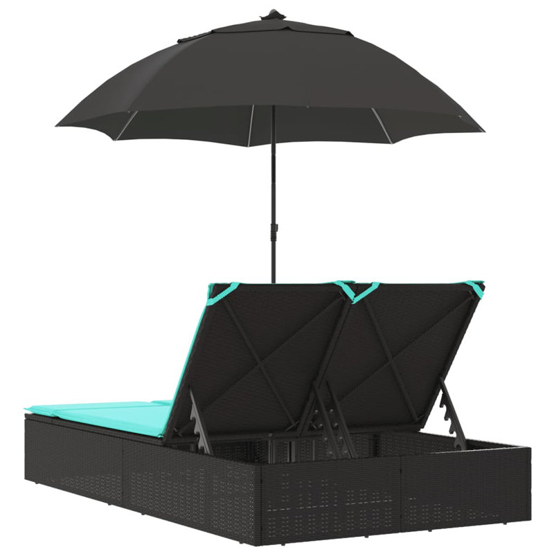  Double Sun Lounger With Cushions&Parasol Black Poly Rattan, Turquoise Cushion/Black Frame