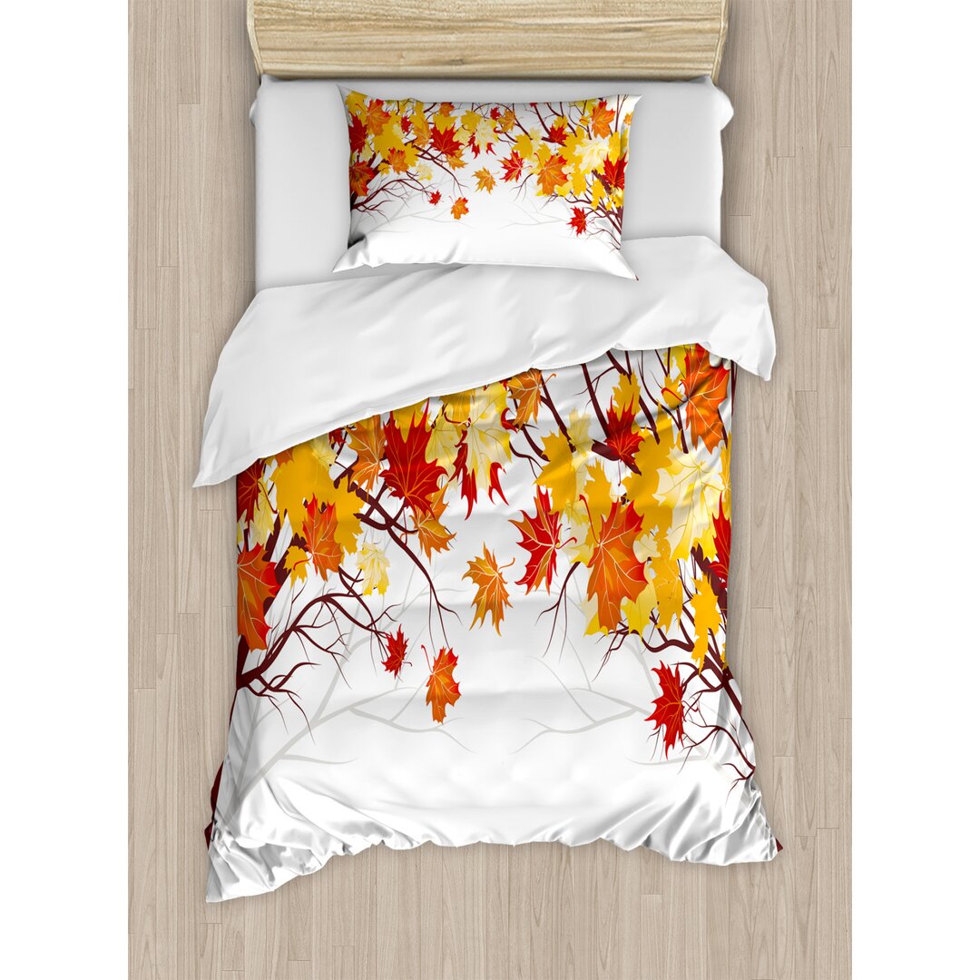 Bettbezug Set, Cartoon Ahorn Herbst-Baum, Fallen, Orange Weiss