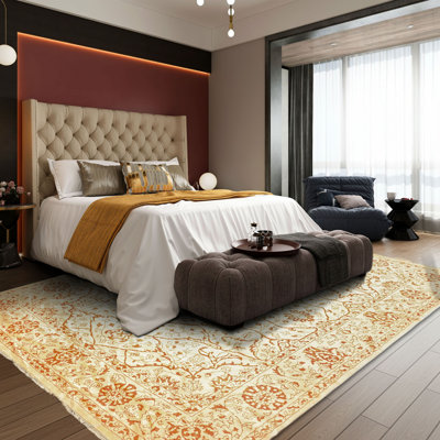 Tapis en laine noué à la main, style ivoire et orange, 2,39 m x 3,48 m