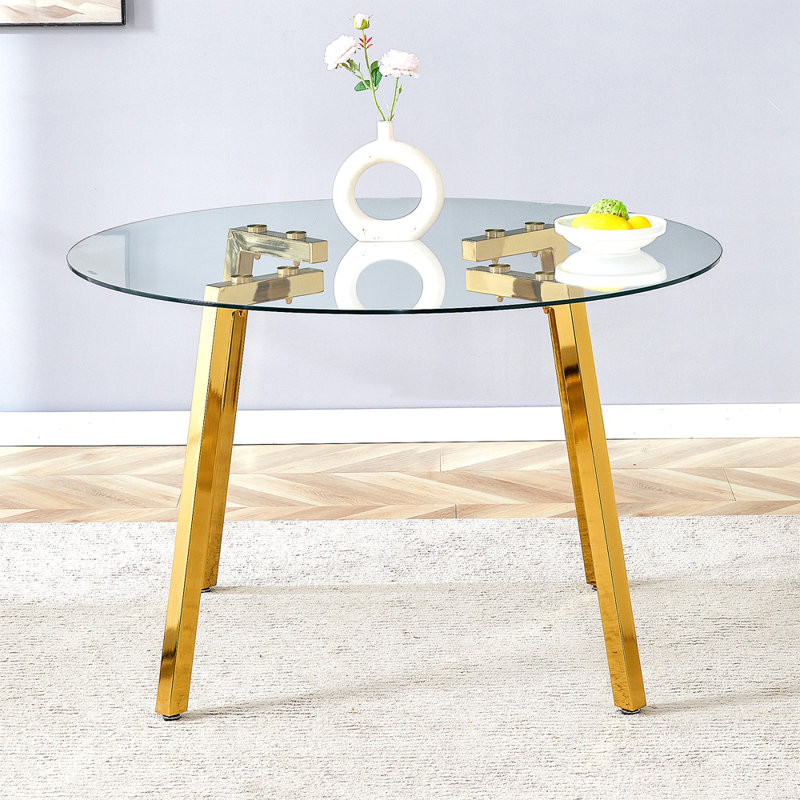 Modern Luxurious Round Tempered Glass Dining Table With 7-Shaped Metal Legs,Suitable For Family Meals, Office Conferences, Or As A Casual Coffee Table For Various Occasions.47.3*47.3*29.5
