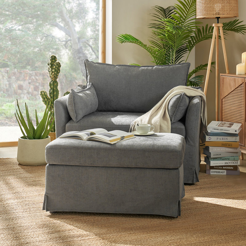 Upholstered With Footstool Armchair, Grey