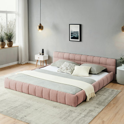 King Bed, Pink Upholstered Platform Bed With Thick Fabric, Headboard, Elegant Bedroom Relax Ambiance Comfort