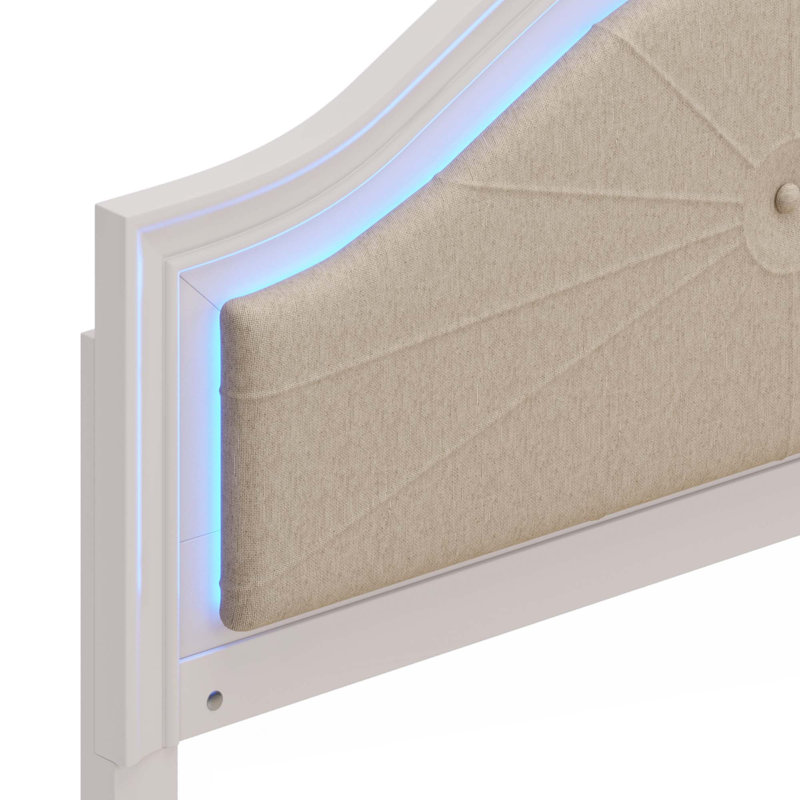 Lit moderne en bois avec tête de lit tapissier incurvée à DEL dissimulée, aucun sommier tapissier requis, Lit double