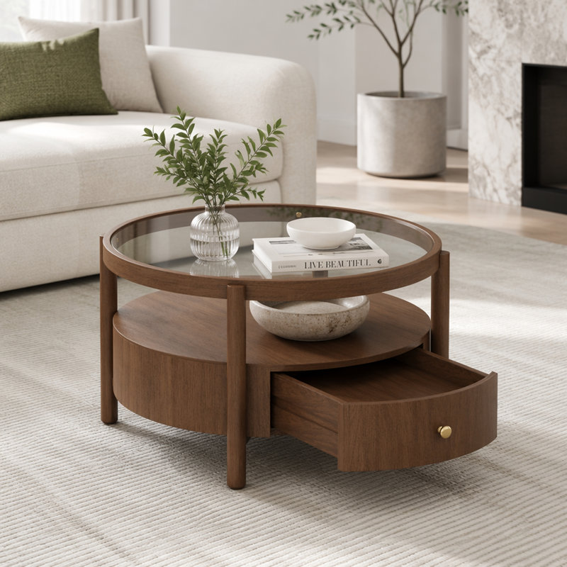 Table basse ronde en bois massif avec plateau de rangement en verre