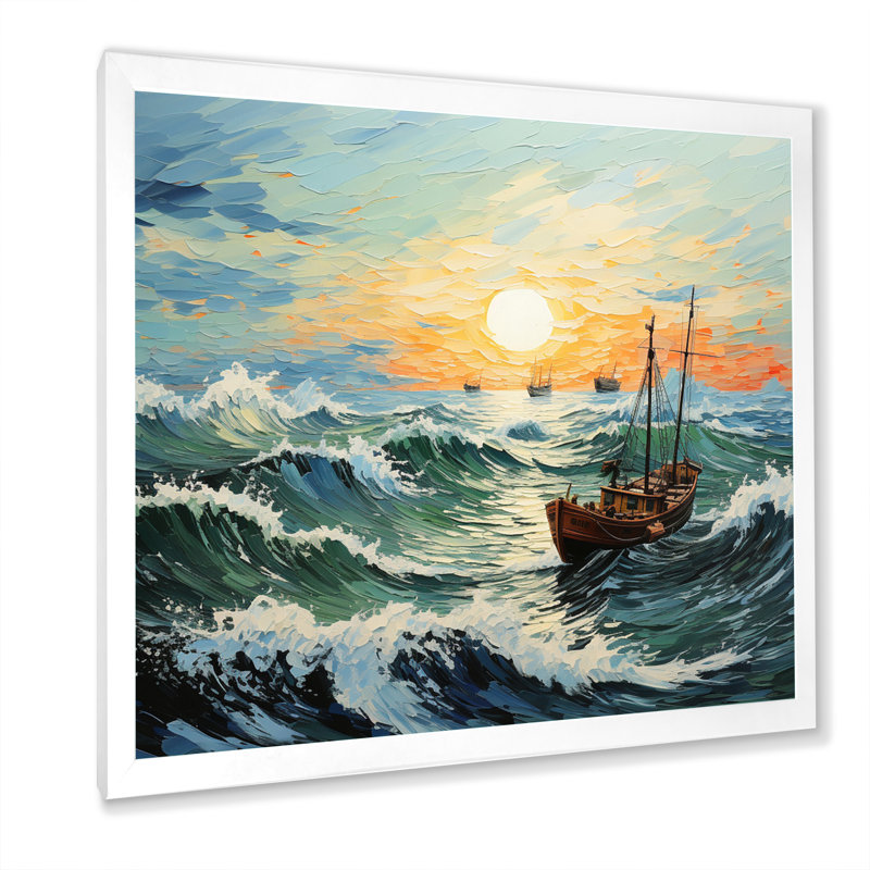 Paysage marin de Vangogh avec pêche I, H 24 po x l 24 po x P 1 po, Cadre simple blanc