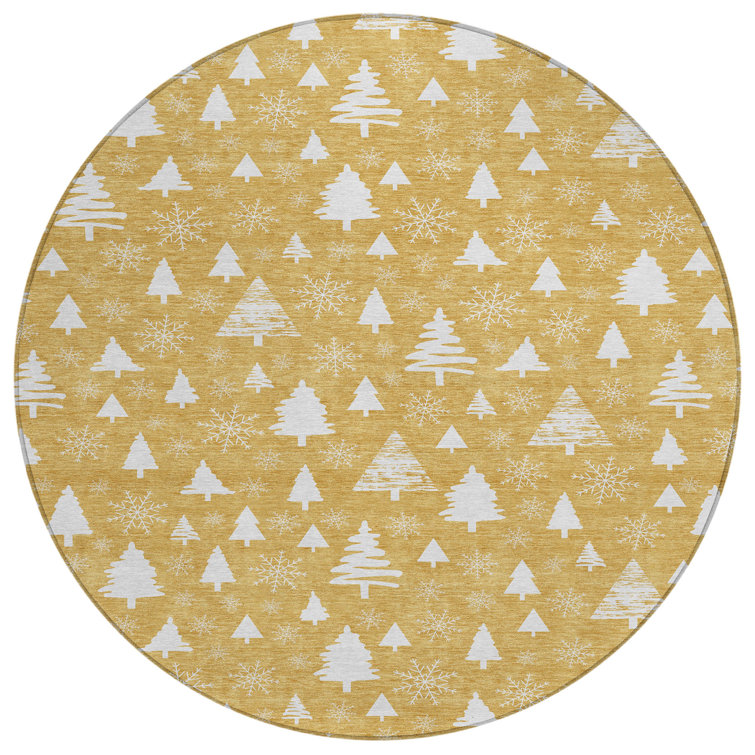 Machine Washable Indoor/Outdoor Christmas Tree Xhevrie Gold Rug