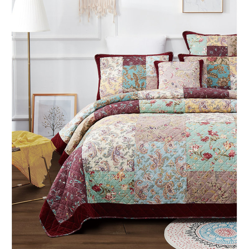 Ensemble de courtepointe en coton bourgogne luxueux à motif patchwork de style bohème