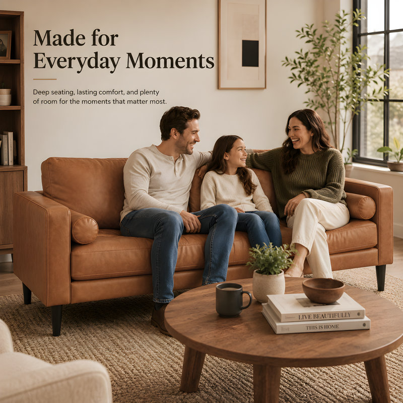 Esin Mid-Century Modern 2-Seater Sofa, Living Room Couch with Plush Foam Seating and Solid Wood Legs, Brown Genuine Leather