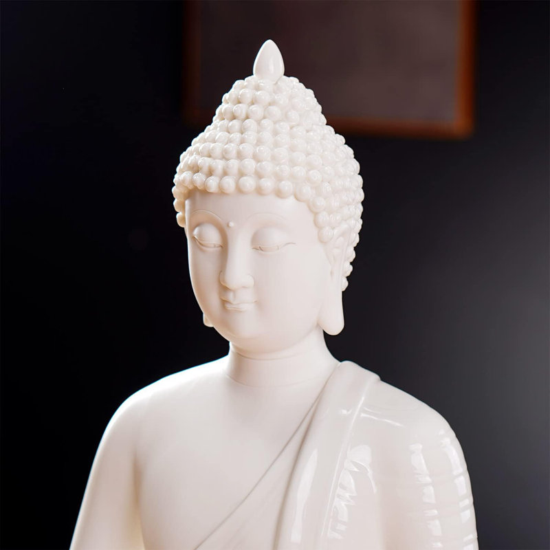 12" Serene White Buddha Statue With LED Circle Table Lamp - Indoor Ceramic Meditation Décor