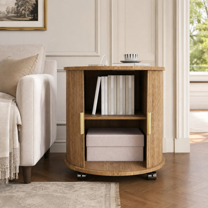 Table de chevet ronde avec porte coulissante pour station de charge et rangement à 2 niveaux, Oak
