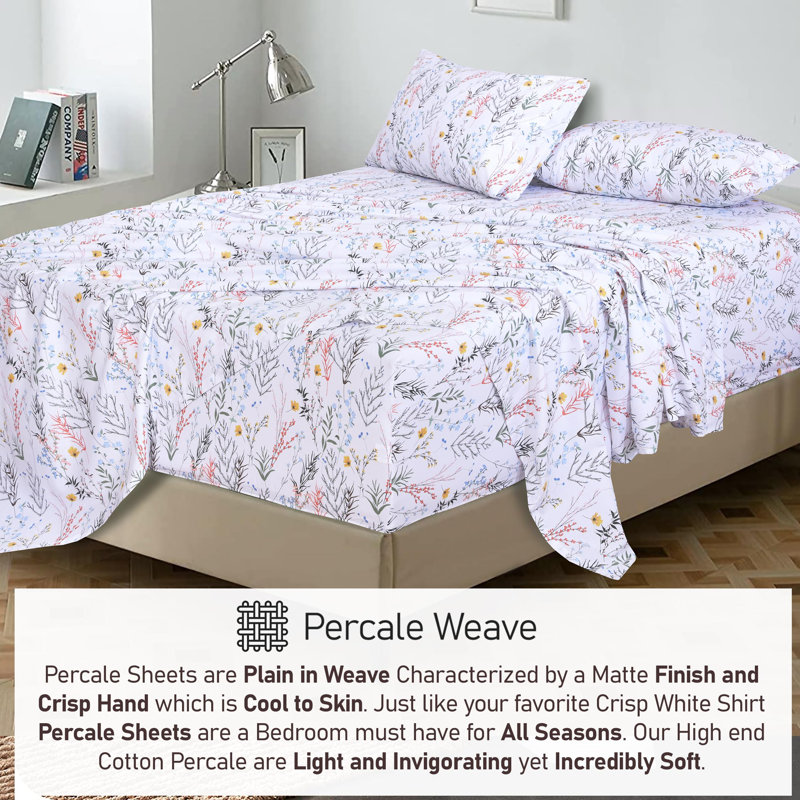 Aroma Floral Cotton Percale Queen Sheet Set with Deep Pockets