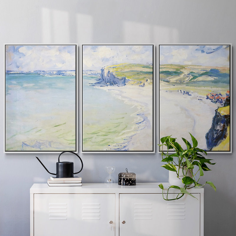 La plage à Pourville, 1882, encadrée sur toile, 3 pièces, H 40 po x l 78 po x P 2 po, Blanc