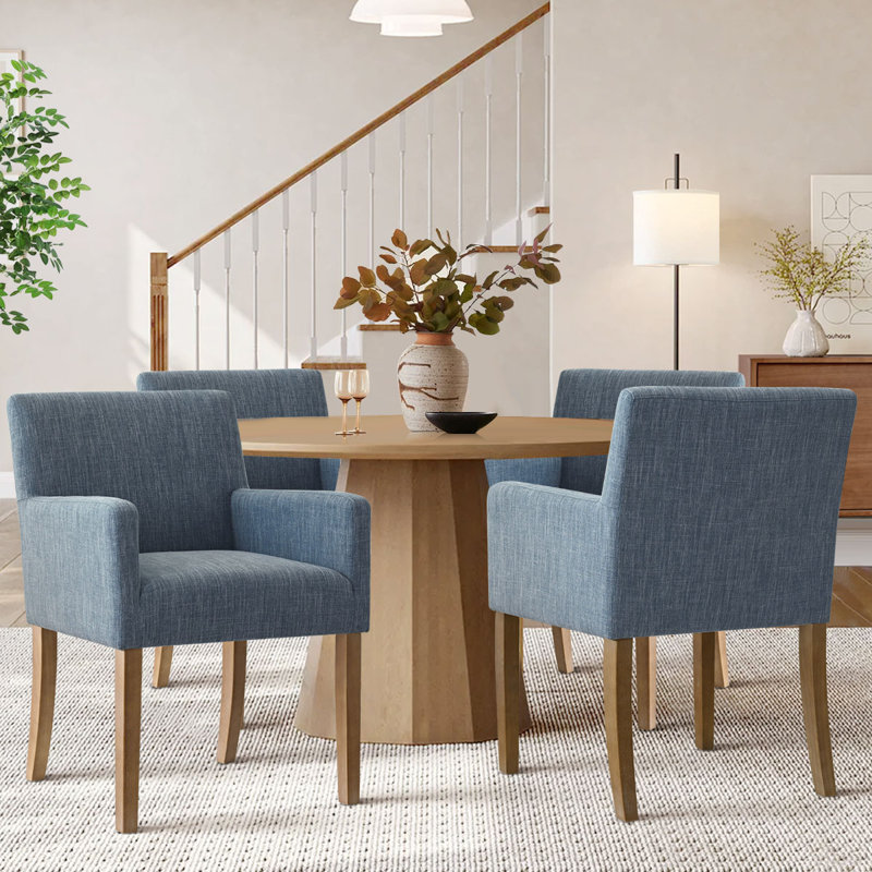 Set of 4 Upholstered Solid Wood 20.5'' Seat Height Linen Dining Armhair, Blue