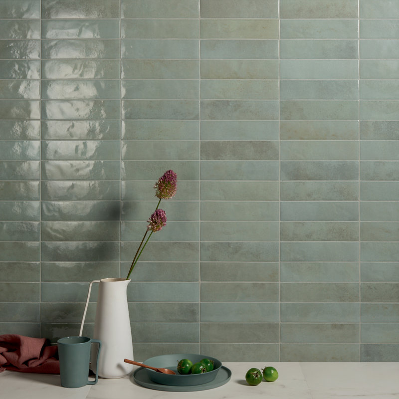 Miniature Soda 2.5" x 9.5" Zellige Porcelain Italian Tiles, Light Green Pearl