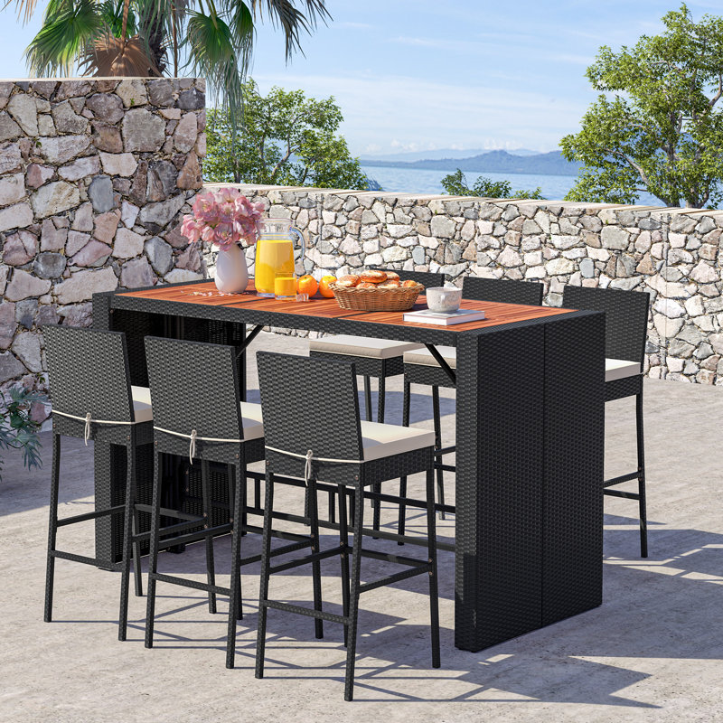 7-piece Patio Bar Dining Set Pe Rattan Furniture Set With Acacia Wood Tabletop & Soft Cushions, Black