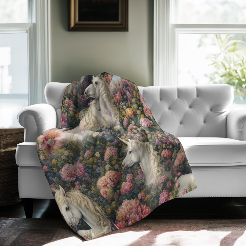Vibrant Flower Unicorn Odyssey - couverture sherpa 1 pièce de qualité supérieure - reproduction d'art luxueuse, Grand lit