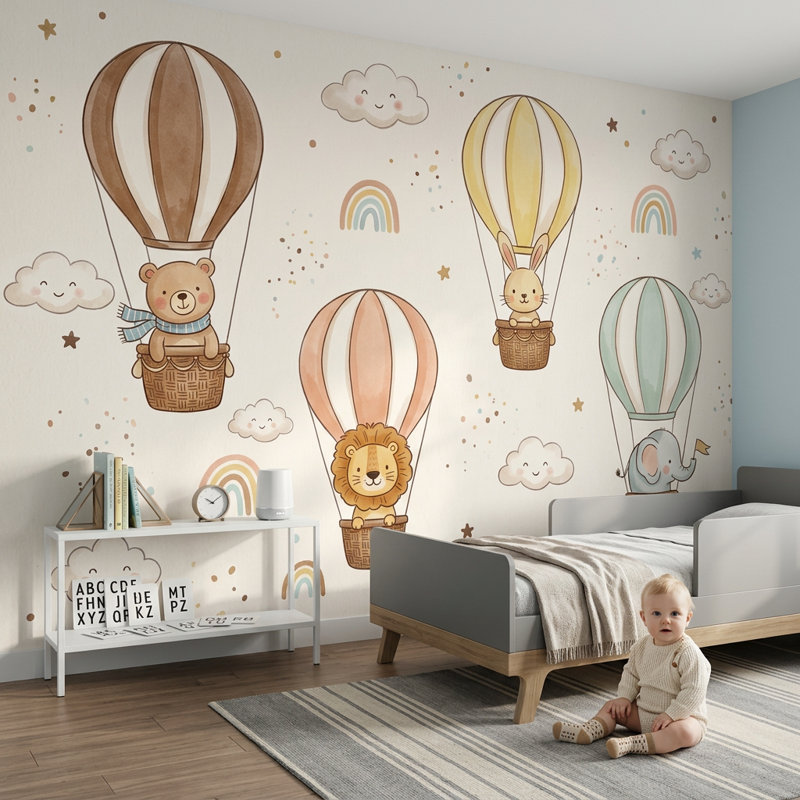 Papier peint pépinière, montgolfières, animaux mignons, décoration murale amovible, 200 po x 120 po, Peler et coller