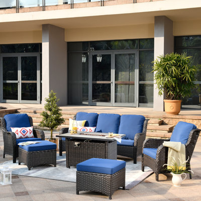 5 - Person Wicker Outdoor Conversation Set, Patio Sofa Set with Fire Pit and Cushions