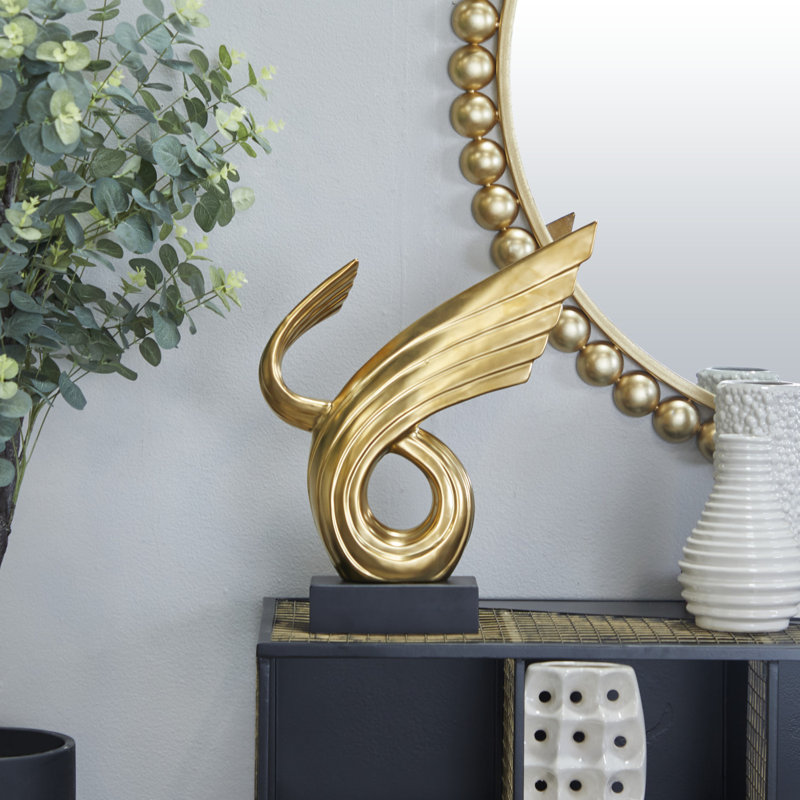 Porcelain Ceramic Wing Abstract Decorative Sculpture with Base, Gold