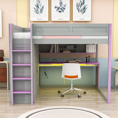 Lit mezzanine double avec bureau, armoire, étagères et éclairage DEL