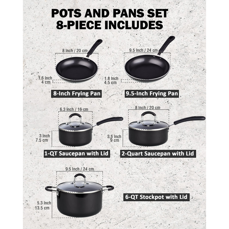 Batterie de cuisine professionnelle pour casseroles et poêles Cook N Home Professional - Comprend les casseroles avec couvercle, la marmite avec couvercle, les poêles à frire, antiadhésives lourdes, 8 pièces, noir