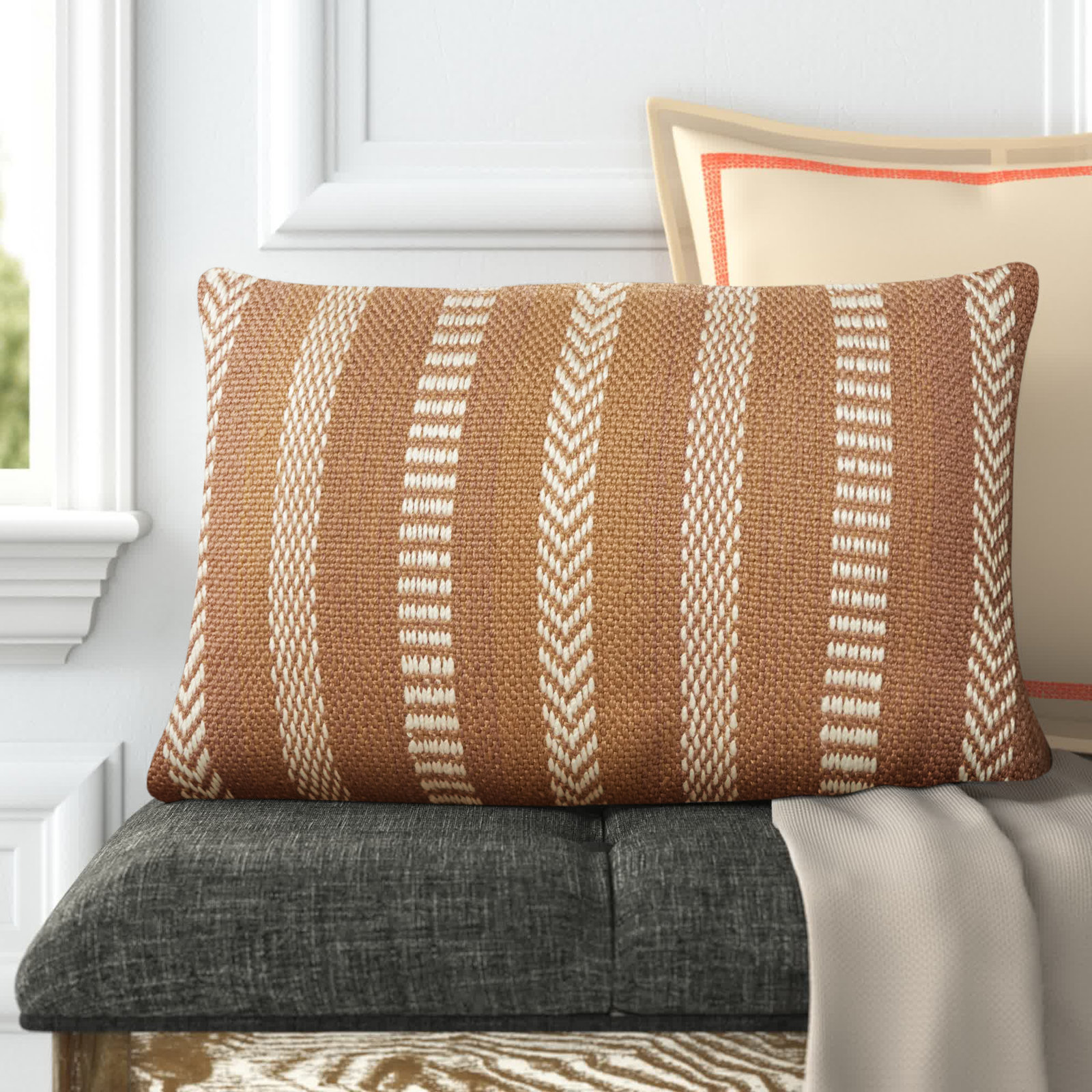 Positano 21" x 13" Embroidered Pillow Cover, Light Brown/Ivory, No Fill