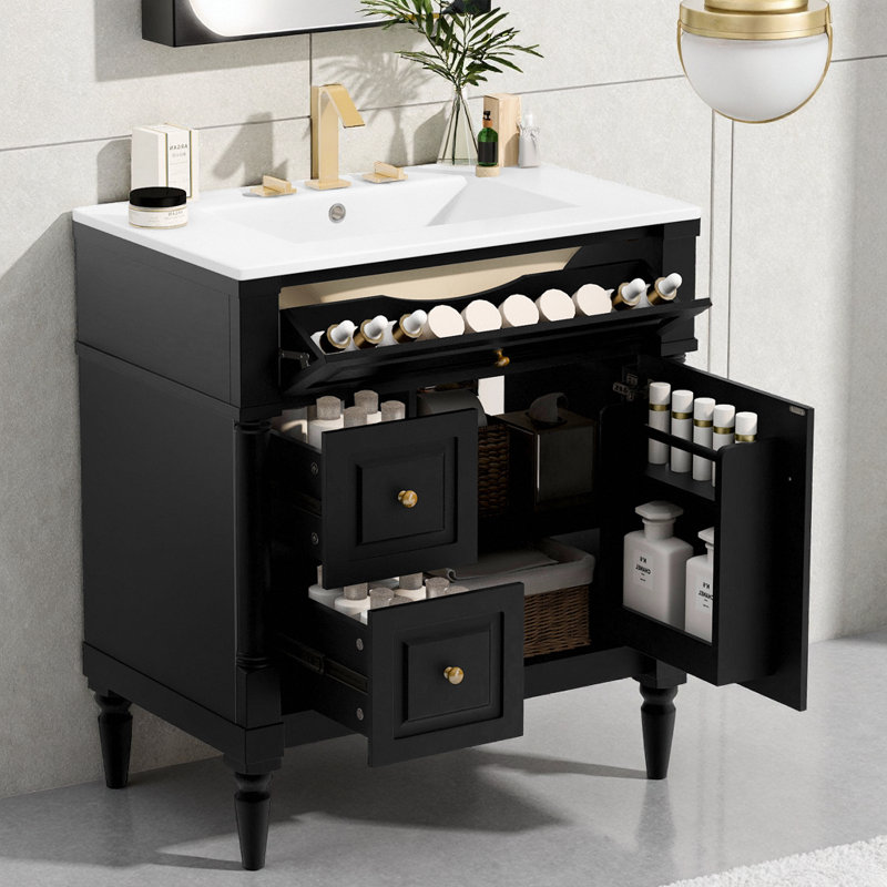 Meuble-lavabo moderne 30 po avec lavabo, armoire autoportante avec tiroir rabattable et tablette réglable, meuble-lavabo en bois massif avec lavabo en céramique