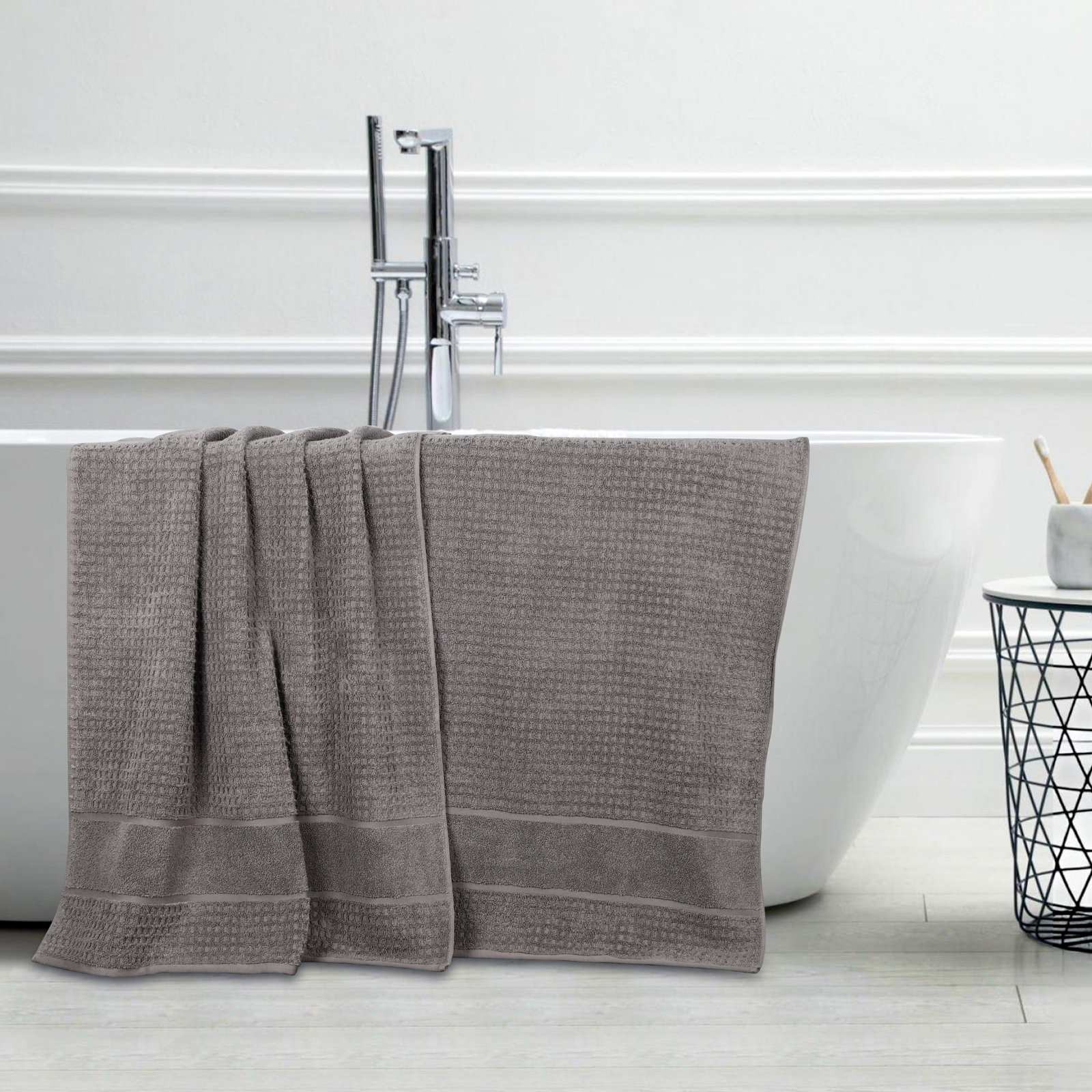 Hiyabel Zero Twist 100% Cotton Waffle Honeycomb Bath Sheet Set, Charcoal