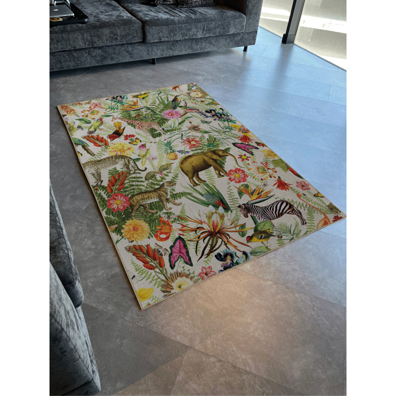 Tapis décoratif moderne multicolore à motif de fleurs, d'éléphants et de tigres, Tapis de couloir 3 pi 3 po x 9 pi 10 po