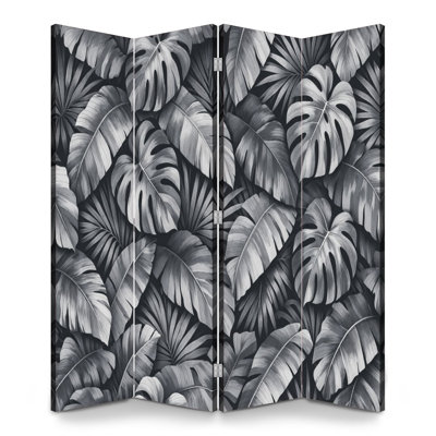 4 Panels Folding Screen Room Divider Royal Black White Monstera Palm Leaves Rainforest Tropical Jungle Canvas Screen Room Separator Freestanding Protective Wall Divider Privacy Partition