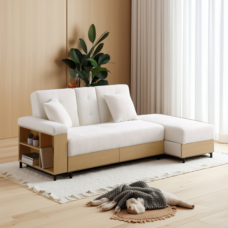 Canapé-lit convertible beige - 3-4 places, rangement, table rabattable avec porte-gobelets
