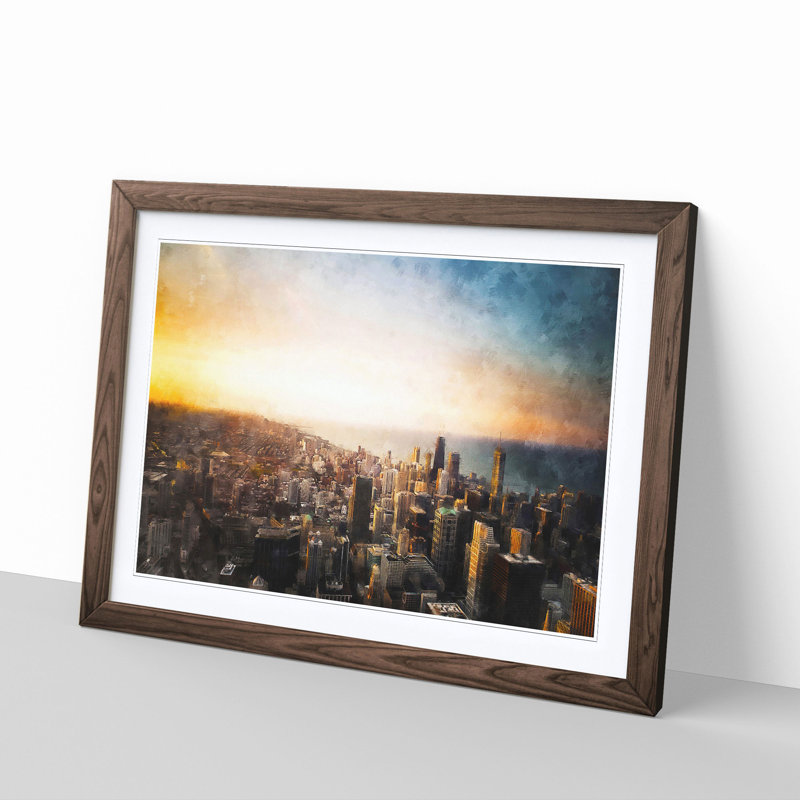 High over the Chicago Skyline - Picture Frame Painting Print, 45cm H x 63cm W x 2cm D, Walnut Framed