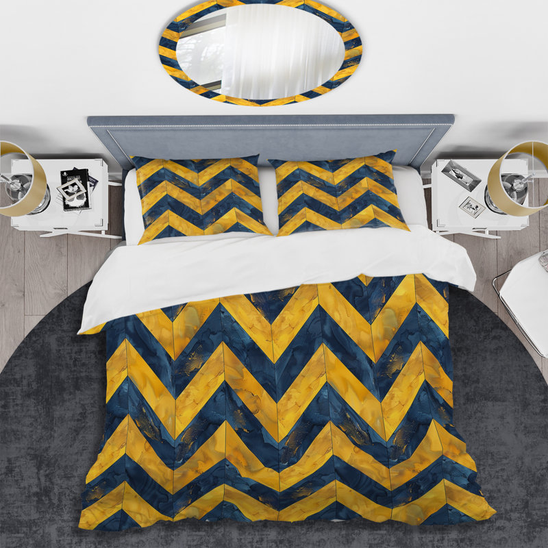 Blue Gold Chevron Print I - Modern Duvet Cover Set, King Duvet Cover + 2 King Shams