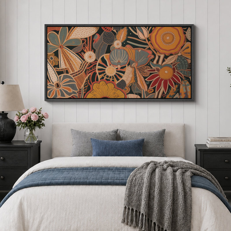 Abstract Botanical " Extra Large Abstract Floral And Fauna Vibrant Bohemian Garden Retro Fine Art Decorative Colorful "