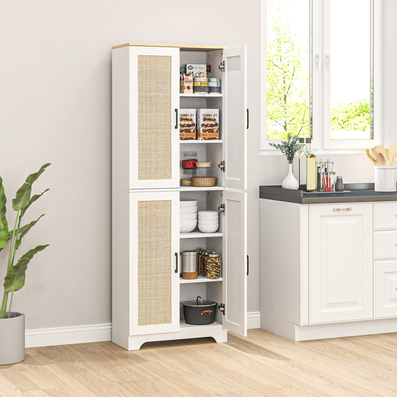 Garde-manger avec 4 portes en rotin et tablettes réglables, Blanc