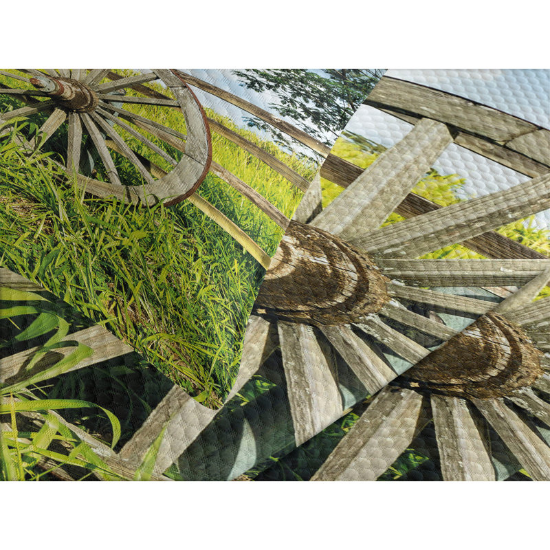 Ambesonne Wagon Wheel Bedspread Set Green Meadow Multicolor, King Bedspread + 2 Standard Shams