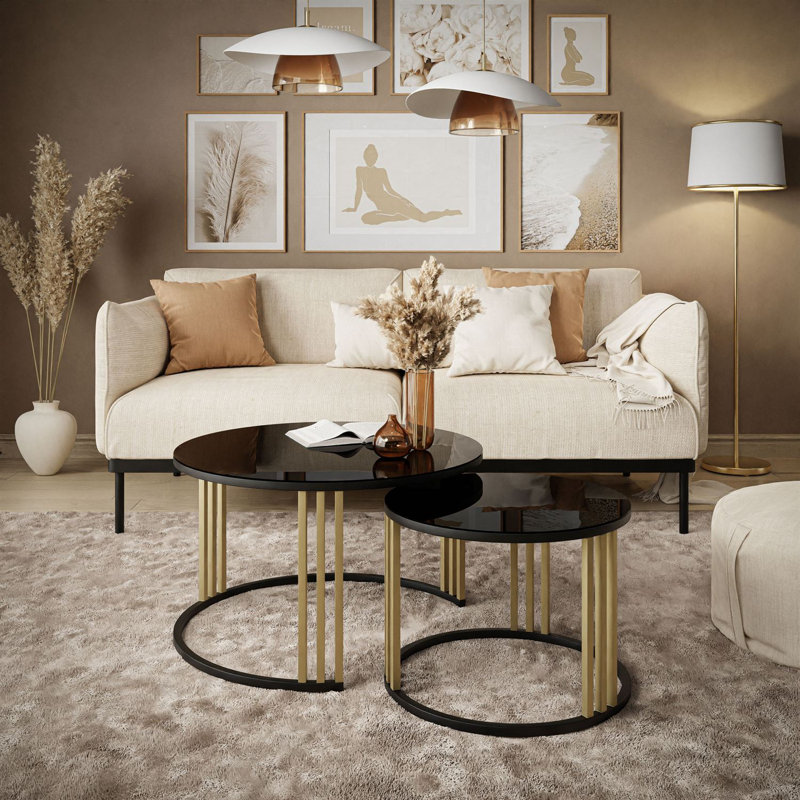 Downey 2 Piece Coffee Table, Black/Gold, Black Glass