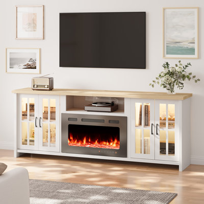  78" Fireplace Tv Stand With Electric Fireplace For Tvs Up To 90", Farmhouse Tv Stand With Large Storage Space, Led Lights & Adjustable Shelves, Entertainment Center For Living Room
