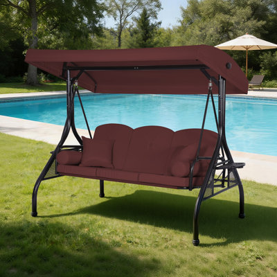 3-Seat Outdoor Porch Swing with Adjustable Canopy, 2 in 1 Convertible Patio Swing Bed, Patio Glider Swing for Backyard, Red