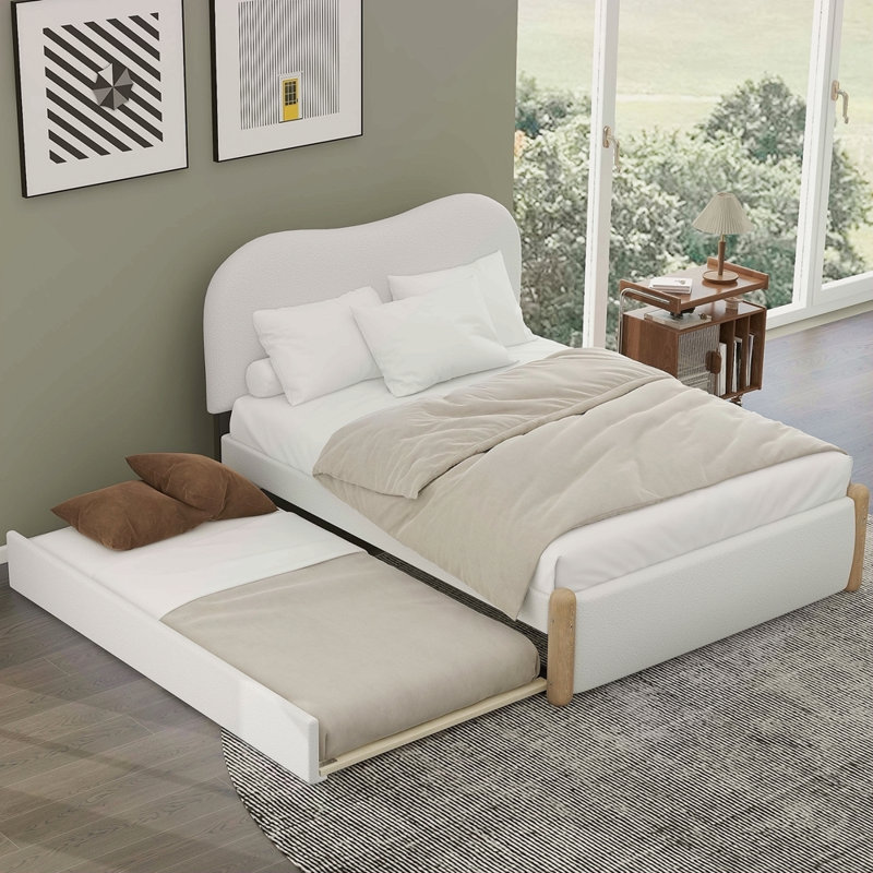 Lit plateforme tapissier avec pieds et gigogne en bois, Blanc, Lit double