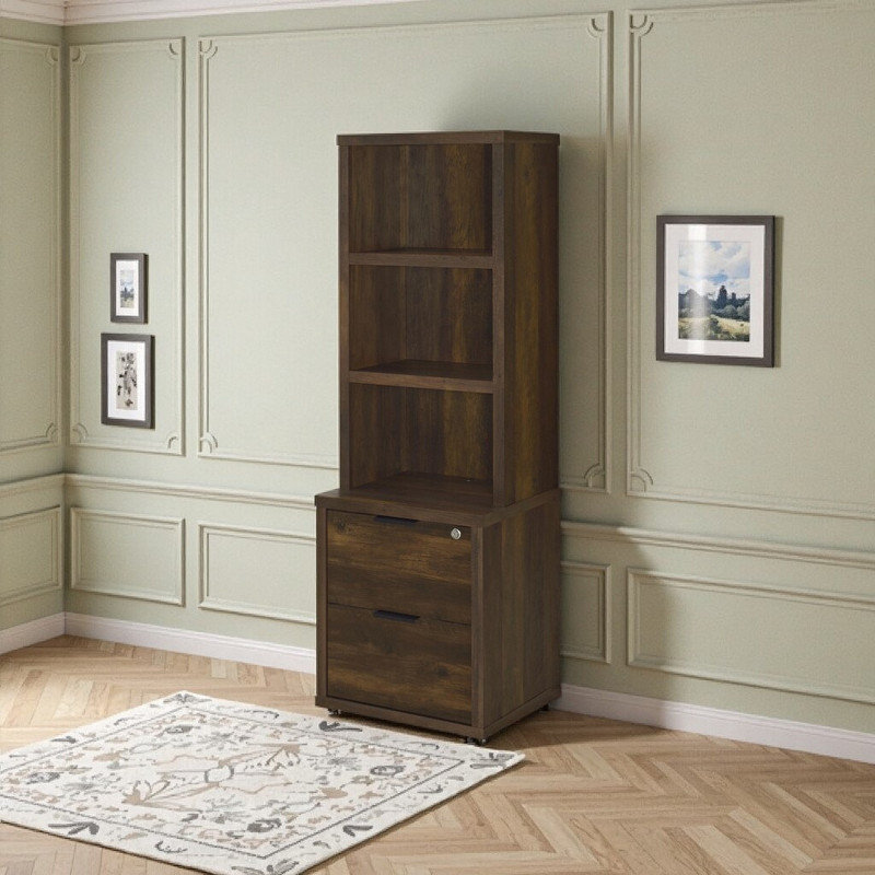 Lockable Drawer Bookcase With USB Charging Three Open Shelves Storage Cabinet, Dark Brown 