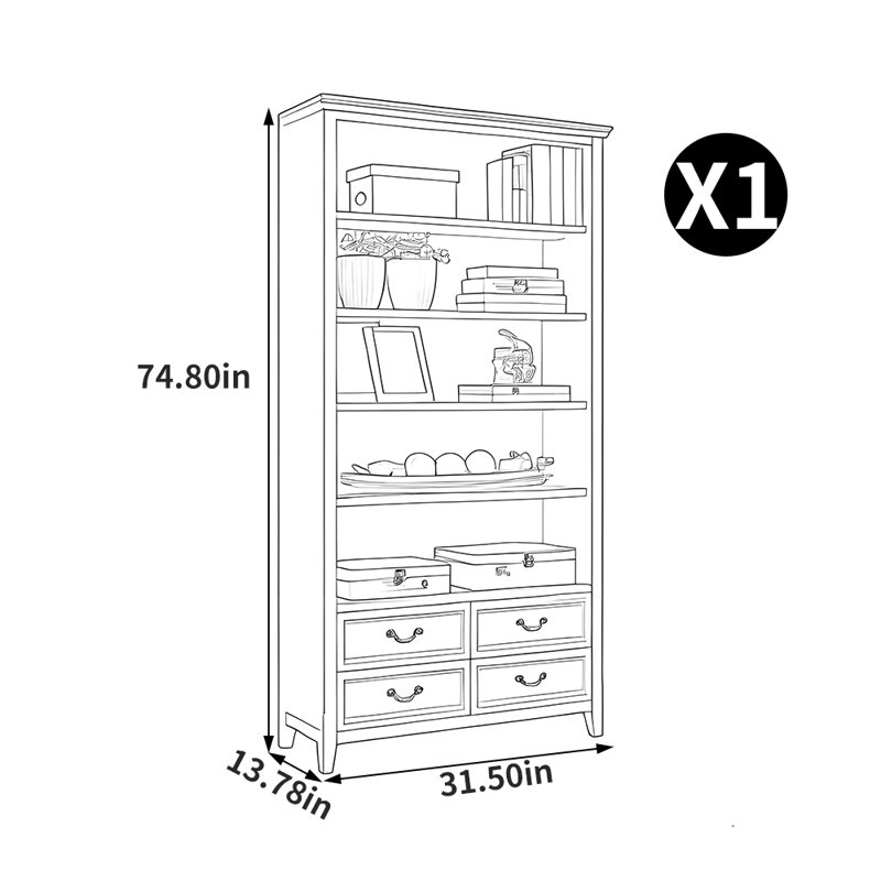 Bibliothèque américaine, H 74,8 po x l 31,5 po x P 13,78 po