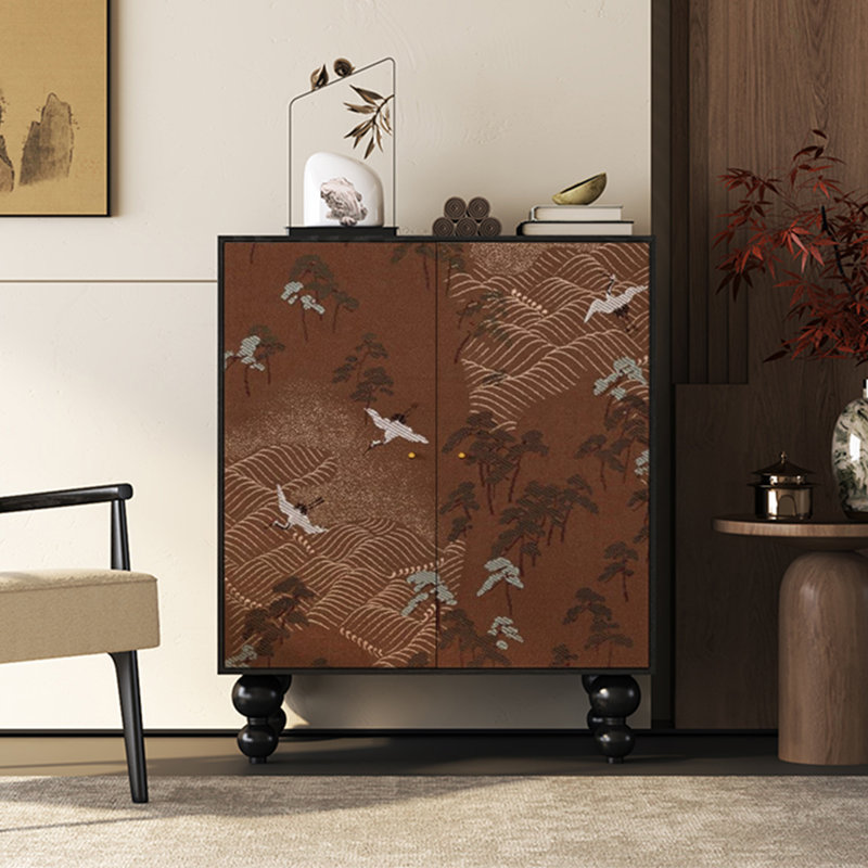 Crane Pattern Solid Wood Shoe Cabinet 17 Pair Shoe Storage Cabinet