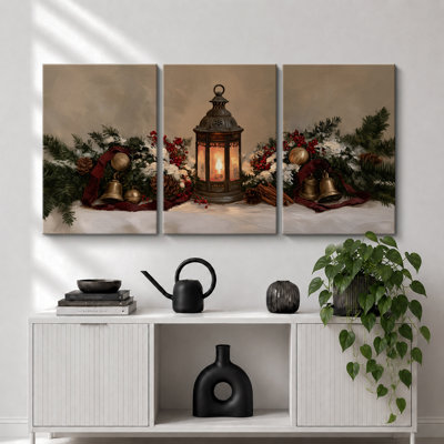 Décoration de Noël avec lanternes vertes, tableau pour chambre, impression giclée sur toile encadrée en 3 pièces - 3 pièces de 40 x 60 cm et 3 pièces de 60 x 90 cm