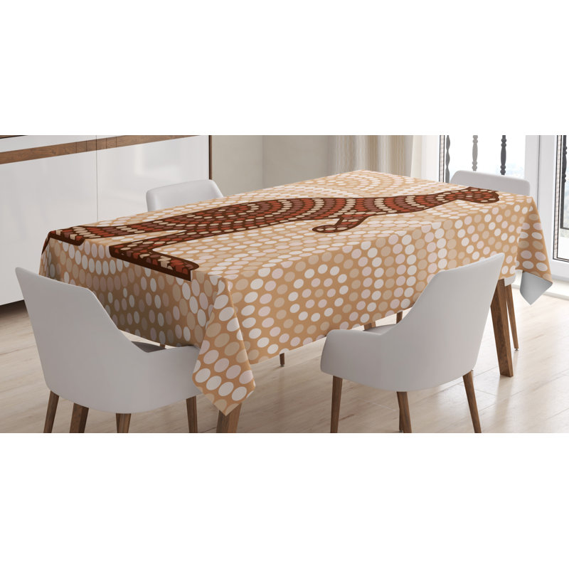 Ambesonne Tropical Animals Tablecloth, Aboriginal Kangaroo Motif Cream Toned Circling Dot Design, Rectangular Table Cover For Dining Room Kitchen Decor, 52" X 70", Peach Brown Redwood