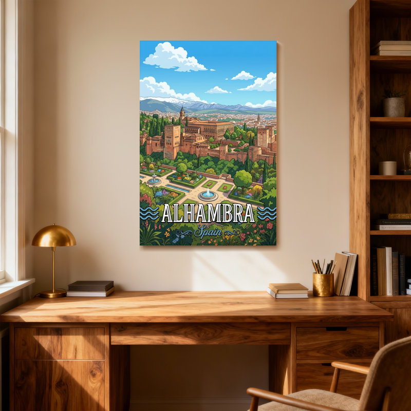 Paysages pittoresques et urbains, Alhambra, jardin, montagnes, ciel, arbres, fleurs, Espagne, H 30 po x l 20 po