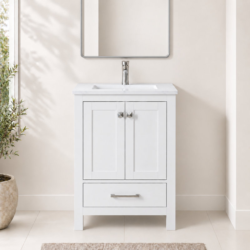 Ensemble de meuble-lavabo autoportant 24 po Amandie blanc mat avec plateau en quartz blanc, Quartz / Carrare blanc