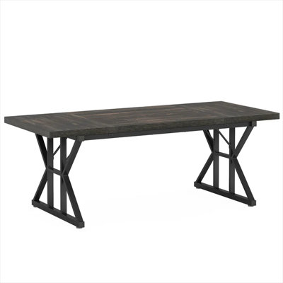 Farmhouse Rectangle Dining Table, Seats 6 to 8, Solid Oak Steel Trestle Base, Jet Black, 70.86 L
