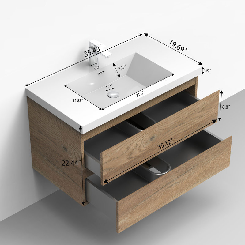 Meuble-lavabo flottant mural 36 po en chêne naturel avec surface de comptoir blanche, Chêne naturel