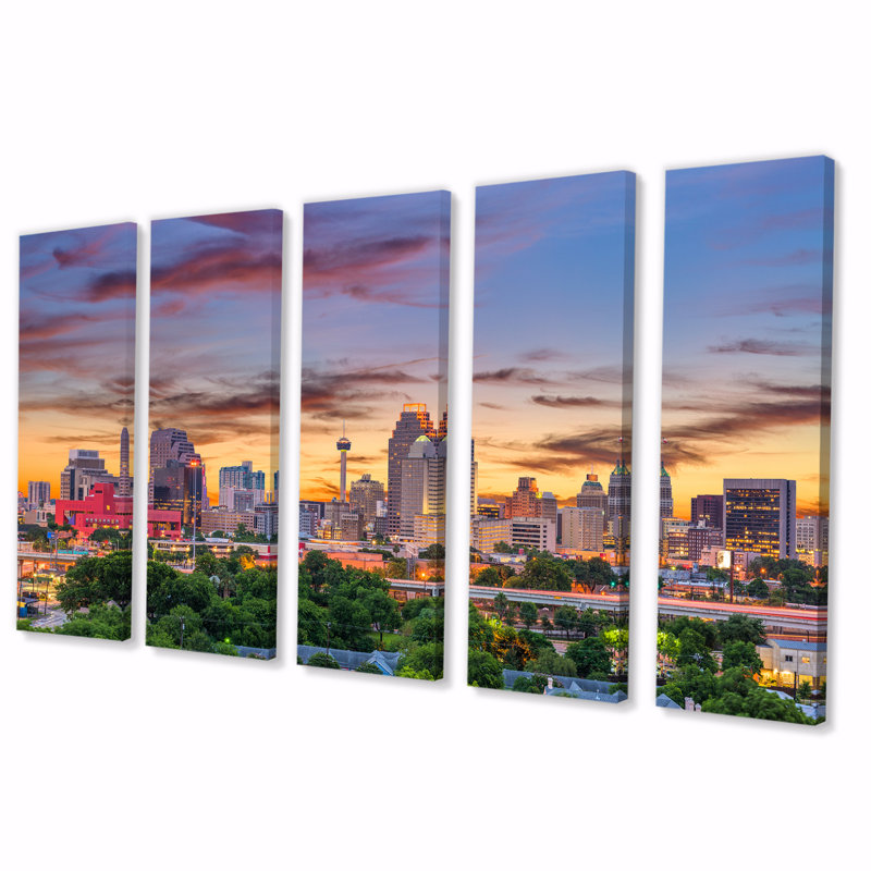 San Antonio Downtown Texas II - Cityscapes Canvas Art Print - 5 Equal Panels